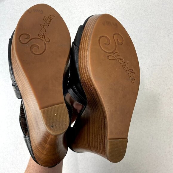 Seychelles Black Leather Risky Business Wedge Sandals 8 - Picture 9 of 12